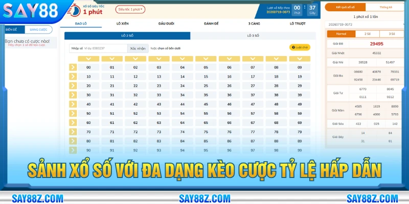Sảnh xổ số SAY88 với nhiều tỷ lệ cược và mức thưởng hấp dẫn